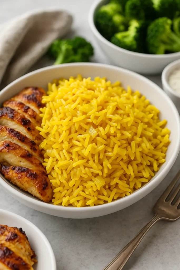Bowl of yellow rice served with sliced grilled chicken breast and a side of steamed broccoli.