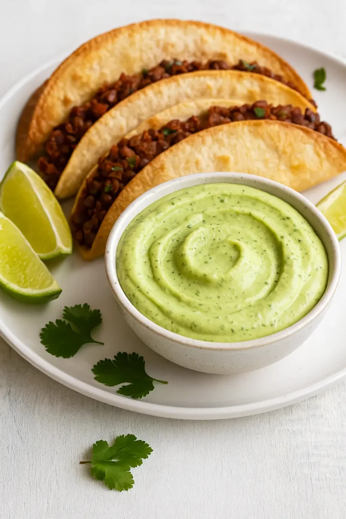 A bowl of avocado crema served with crispy tacos and lime wedges on a white plate.