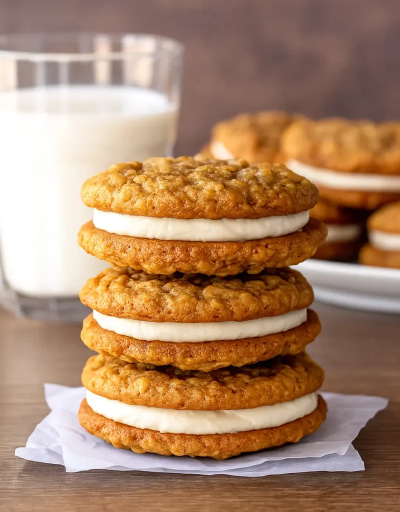 Stack of four oatmeal cream pies on parchment paper with a glass of milk in the background.