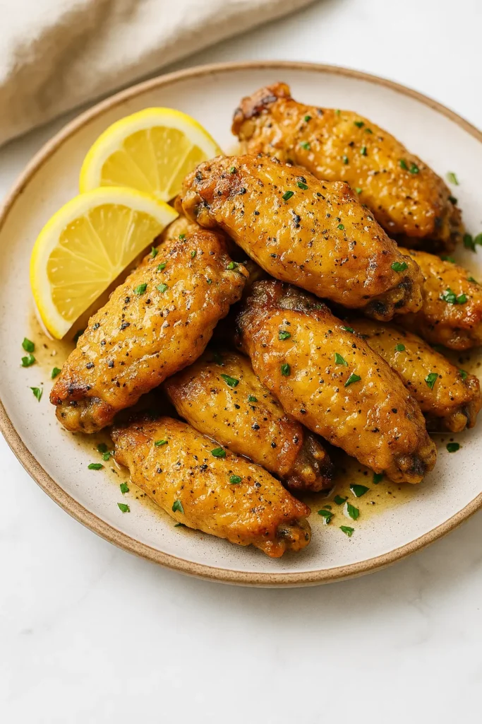 Plate of crispy lemon pepper chicken wings glazed in buttery sauce, garnished with fresh parsley and lemon slices.