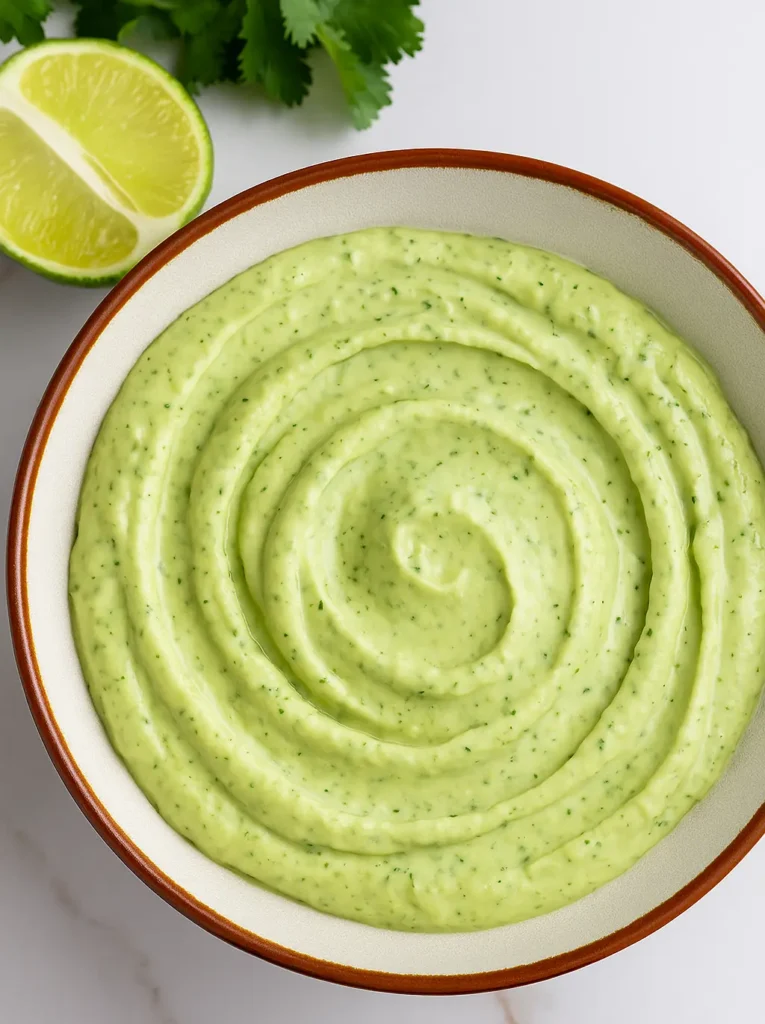 Top view of avocado crema in a ceramic bowl with lime and fresh cilantro in the background.