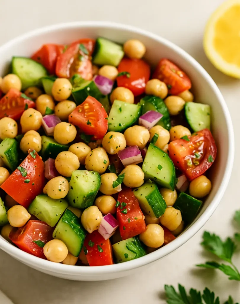 Bowl of chickpea salad with fresh cucumber, tomato, red onion, and parsley next to lemon and herbs