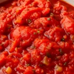 Close-up of homemade stewed tomatoes in a white bowl with visible herbs and onion pieces