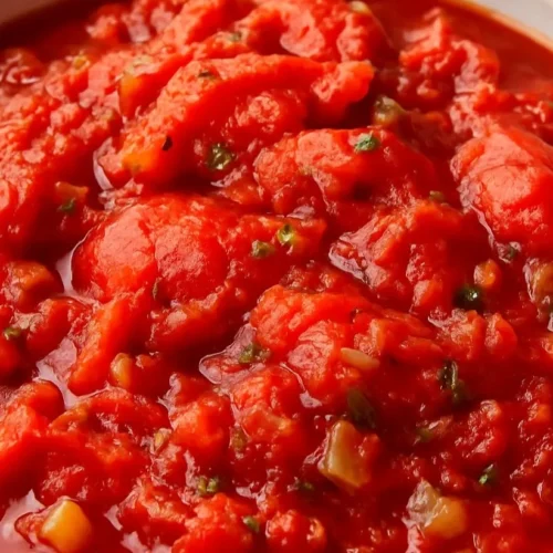 Close-up of homemade stewed tomatoes in a white bowl with visible herbs and onion pieces
