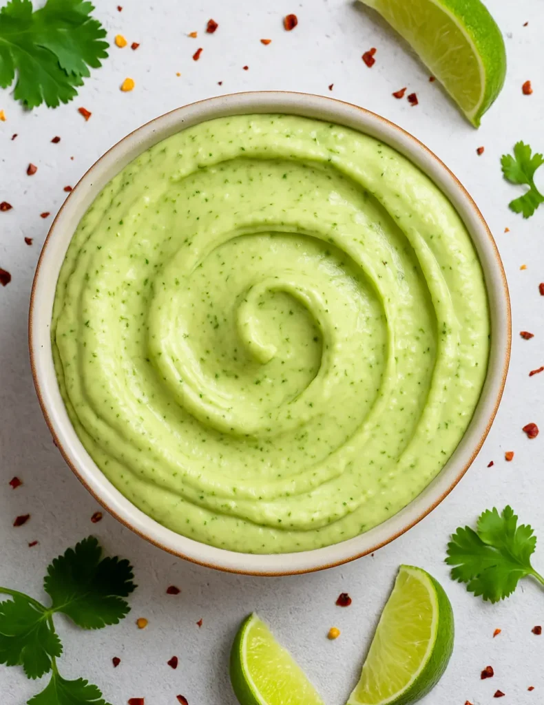 A bowl of avocado crema surrounded by lime wedges, cilantro leaves, and red pepper flakes.