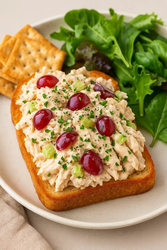 Chicken salad with red grapes and celery served on toasted bread, paired with fresh greens and crackers on a plate.