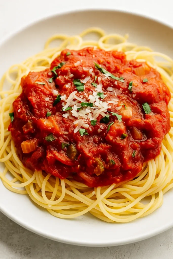 A plate of spaghetti topped with homemade stewed tomatoes sauce, garnished with fresh parsley and shredded cheese.