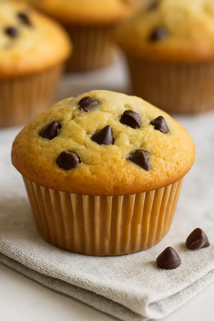 Close-up of a golden chocolate chip muffin recipe on a folded napkin, with more muffins blurred in the background.