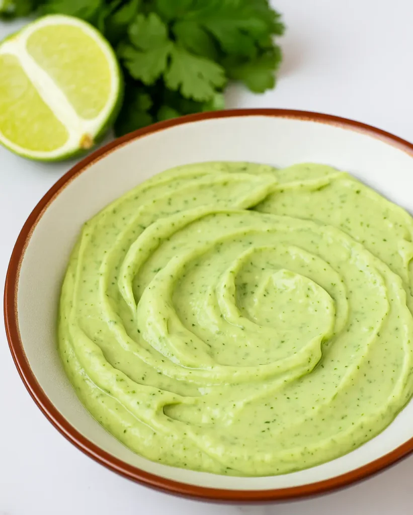 Bowl of freshly blended avocado crema recipe garnished with lime and cilantro in the background.