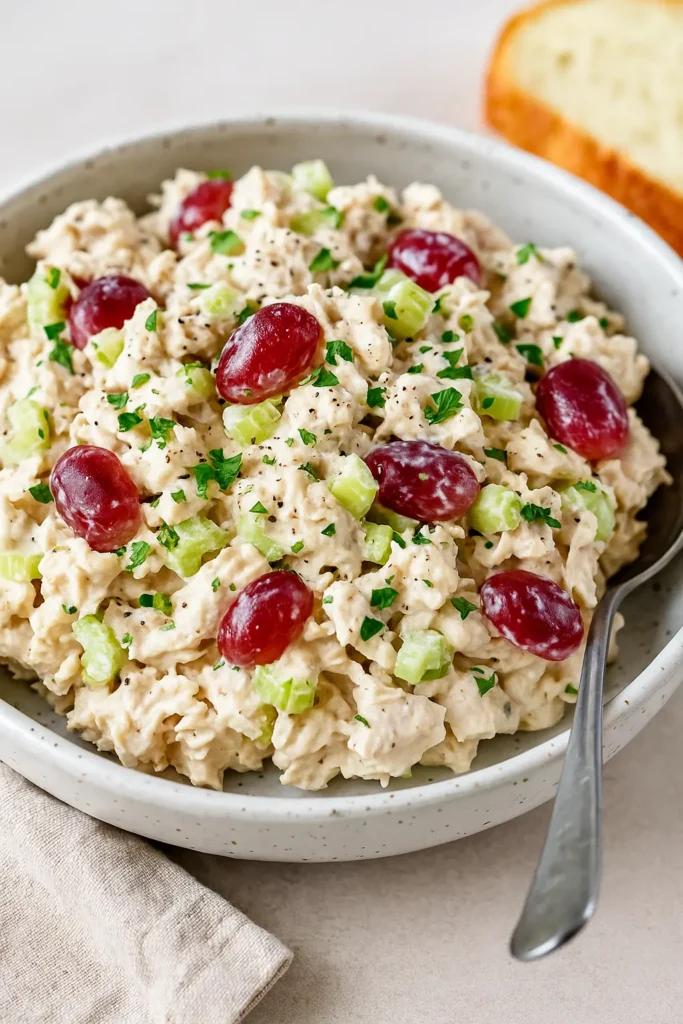 Bowl of creamy chicken salad recipe mixed with red grapes, chopped celery, and parsley, served with a spoon and slice of bread on the side.
