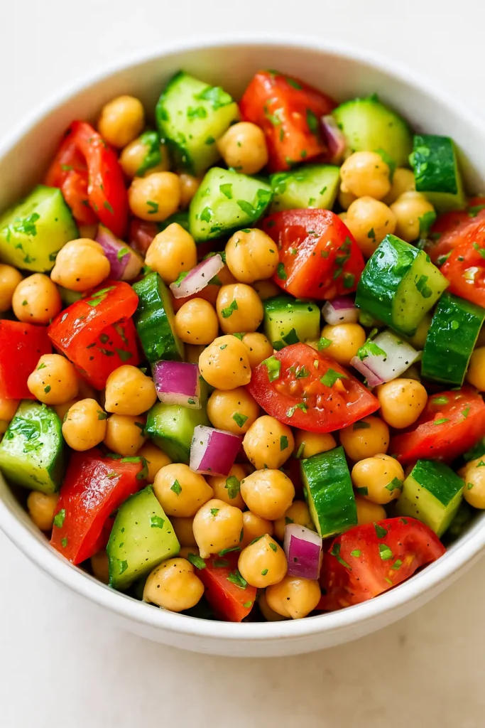 Bowl of colorful chickpea salad recipe with fresh cucumber, tomato, red onion, and herbs