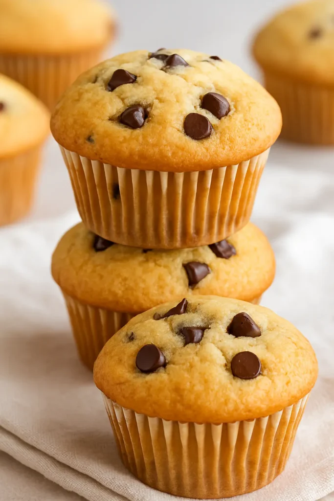 Stack of three golden chocolate chip muffins on a soft cloth, with close-up detail of melty chocolate chips.