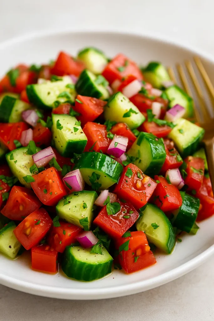 Fresh cucumber and tomato salad with red onion and parsley, served on a white plate.
