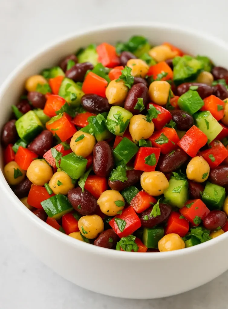 Colorful dense bean salad recipe featuring kidney beans, chickpeas, red and green bell peppers, cucumber, and parsley in a white bowl.