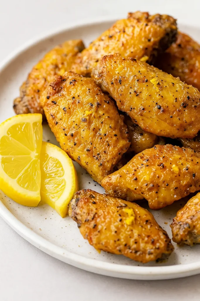 Close-up of crispy lemon pepper chicken wings recipe on a white plate, garnished with cracked black pepper and served with lemon wedges.