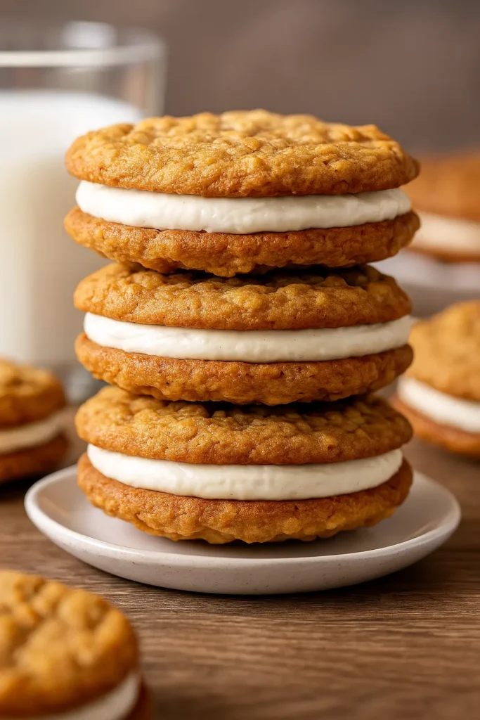 Stack of three oatmeal cream pies with vanilla filling on a small plate, with a glass of milk in the background.