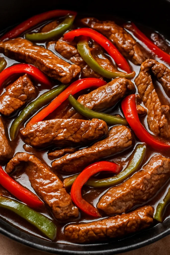 Close-up view of beef strips with red and green bell peppers in a rich brown sauce, served hot in a skillet.