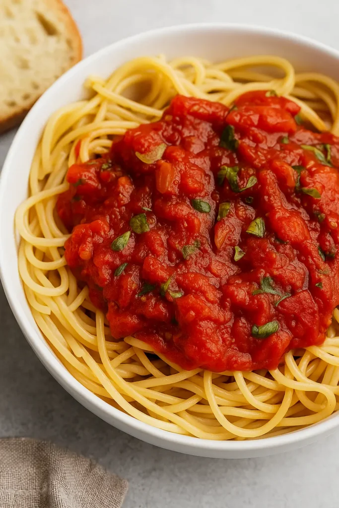 Bowl of cooked spaghetti topped with homemade stewed tomatoes and fresh herbs