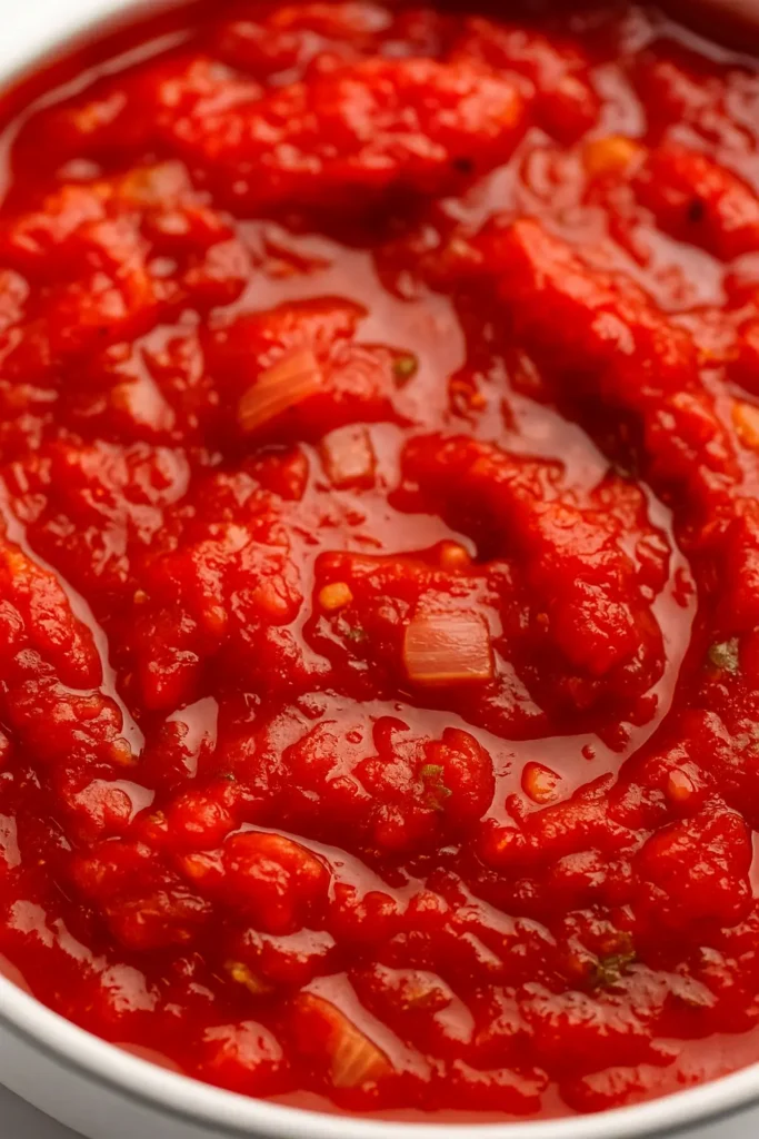 Close-up of homemade stewed tomatoes in a white bowl with visible chunks of tomato and onion.