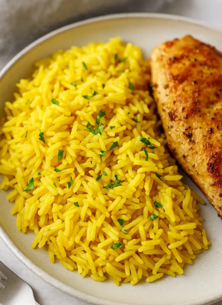 Plate of yellow rice recipe garnished with parsley, served with a piece of golden seared chicken breast.