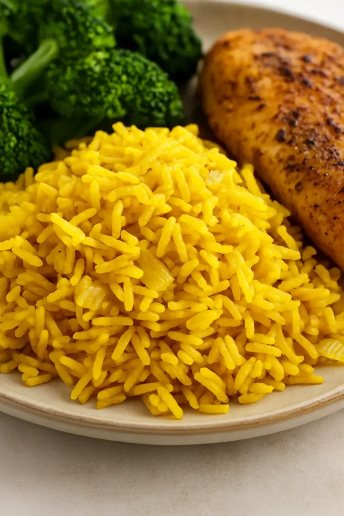 Plate of yellow rice with sautéed onions, served alongside broccoli florets and seasoned chicken breast.