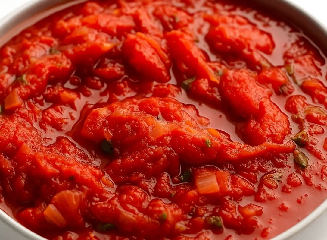 Close-up view of homemade stewed tomatoes with onions and herbs in a white bowl